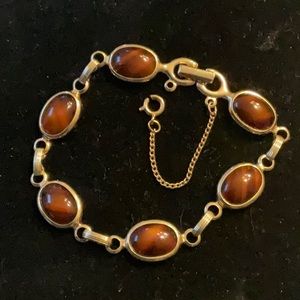 VINTAGE Sarah Coventry WOOD NYMPH Gold Tone Caramel Brown Cabochon Link